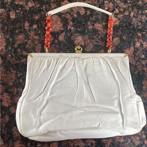 Vintage 50s Etra white leather purse handbag Handbag Tortoise Chain Gold Accent